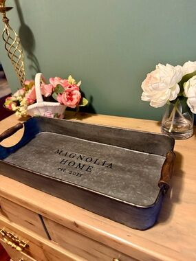 Magnolia Home Galvanized Metal Tray Wood Handles Farmhouse Decor